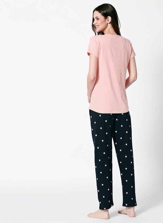 Zeyo Women Peach-Coloured & Navy Blue Printed Night Suit - Image 5