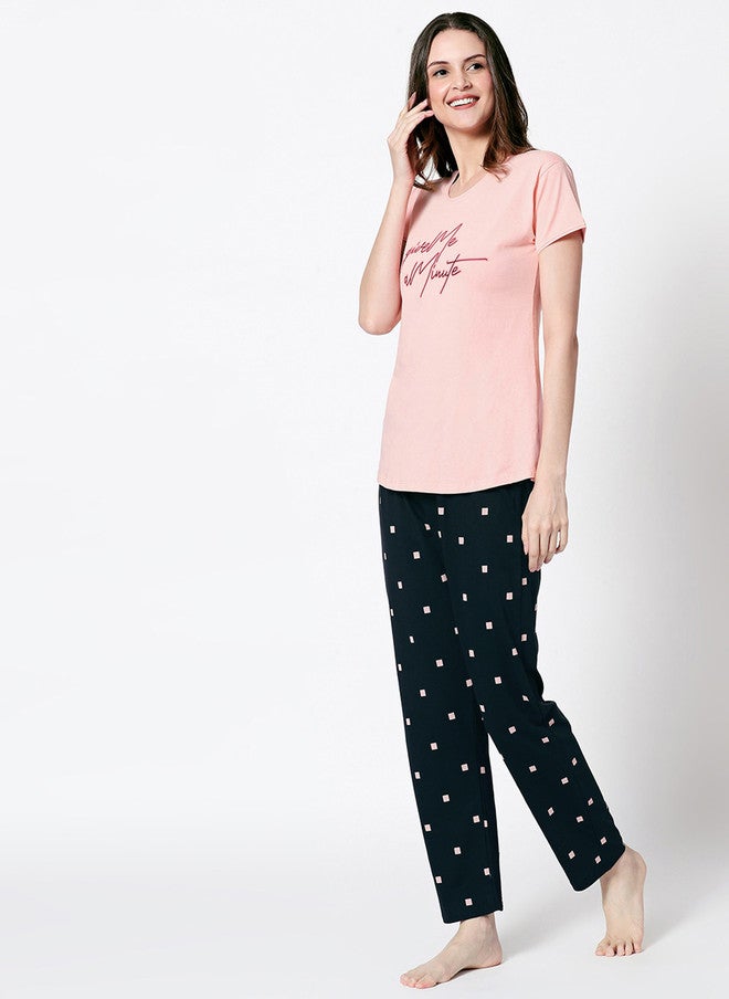 Zeyo Women Peach-Coloured & Navy Blue Printed Night Suit - Image 4