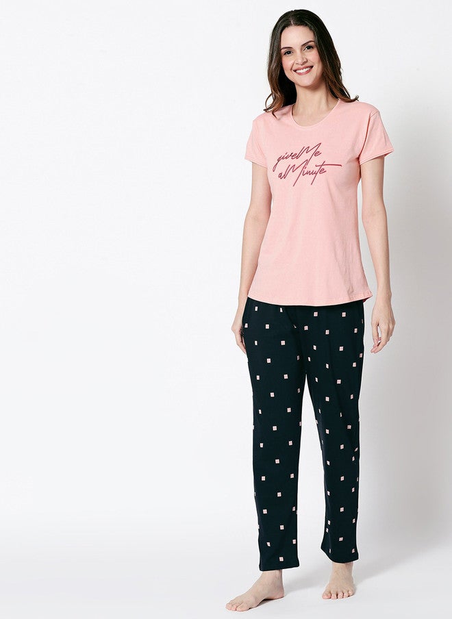 Zeyo Women Peach-Coloured & Navy Blue Printed Night Suit - Image 2