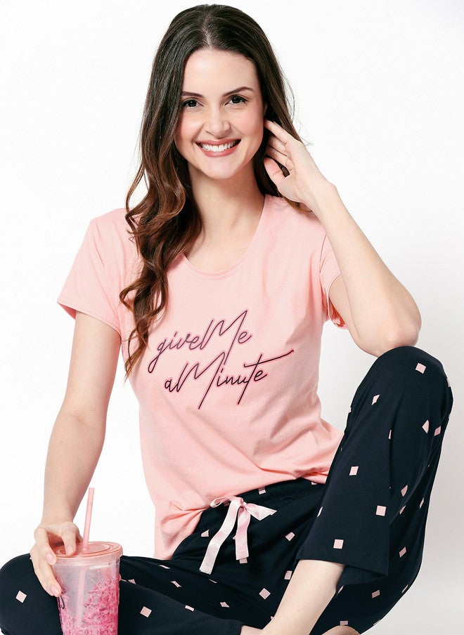 Zeyo Women Peach-Coloured & Navy Blue Printed Night Suit - Image 1
