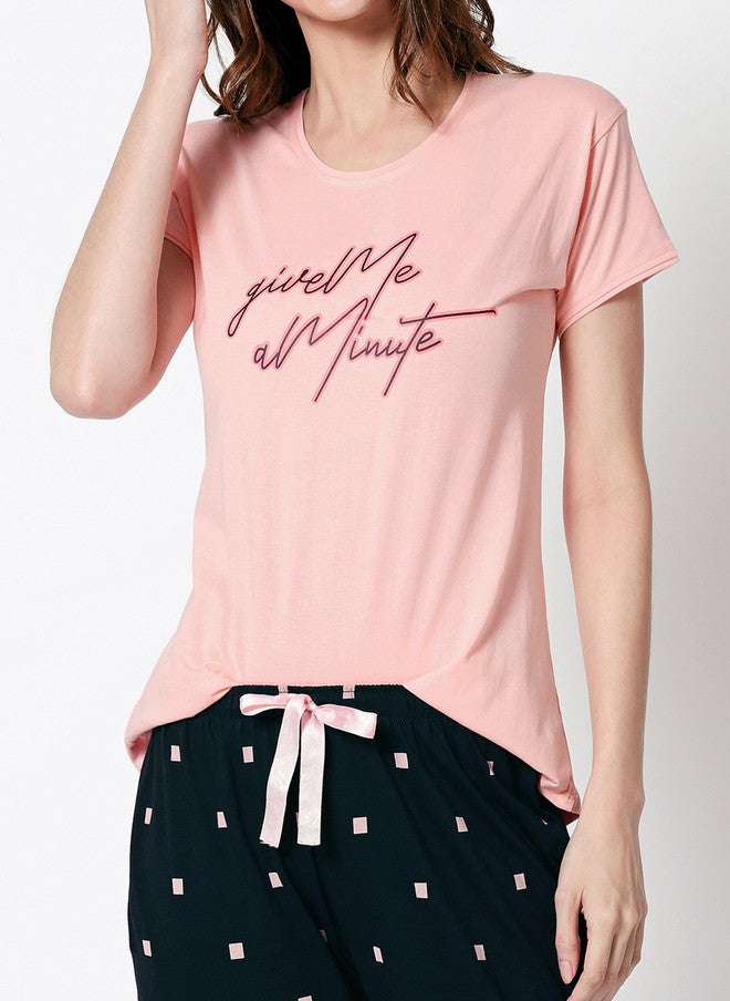 Zeyo Women Peach-Coloured & Navy Blue Printed Night Suit - Image 3