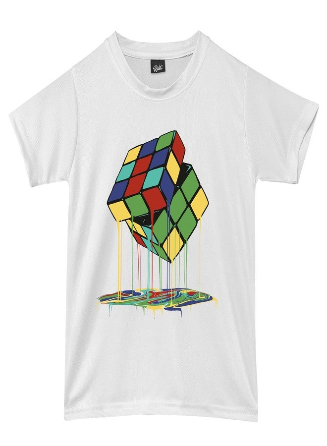 RISH Tshirt for Boys and Kids | Soft Quick Dry Tshirts - Rubic Cube Melting Printed Casuals - White Tshirt 3-4 Years - Image 1