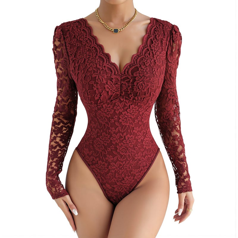 Lace Long Sleeve Bodysuit Scallop V Neck Sheer Slim Fit Lingerie Top XS White - Image 3