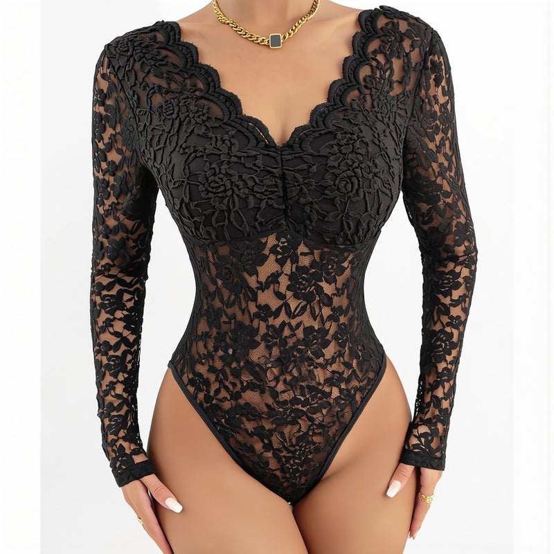 Lace Long Sleeve Bodysuit Scallop V Neck Sheer Slim Fit Lingerie Top XS White - Image 5
