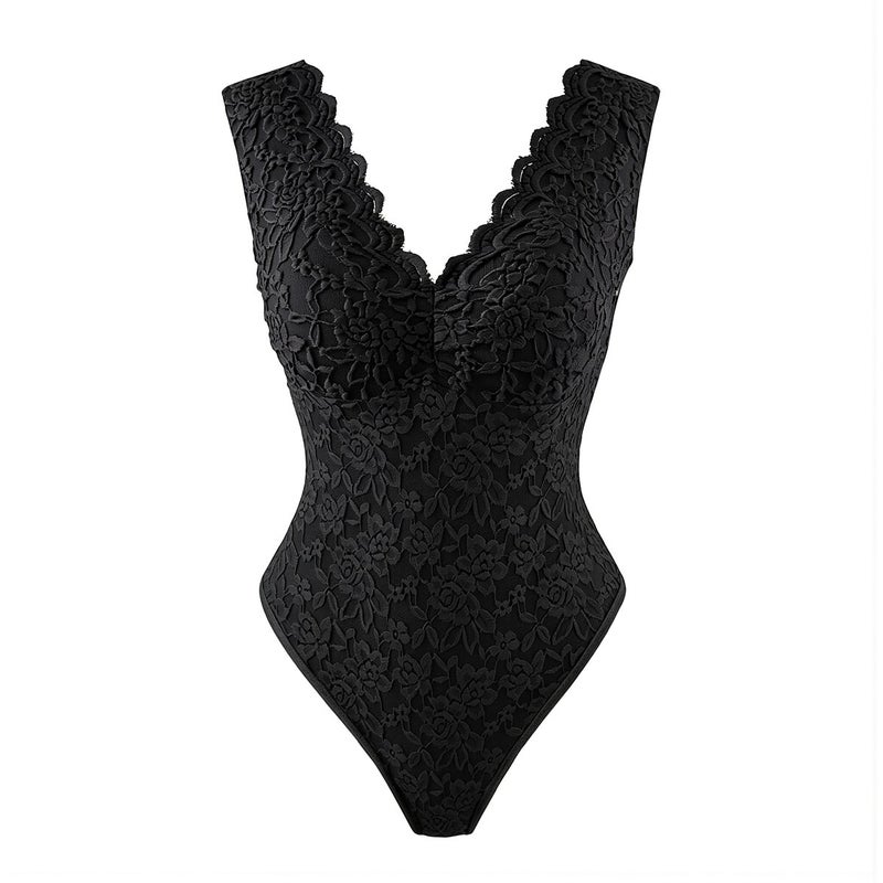 Lace Long Sleeve Bodysuit Scallop V Neck Sheer Slim Fit Lingerie Top XS White - Image 1