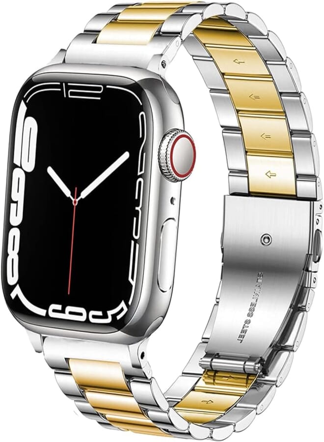 DEALELE سوار DEALELE متوافق مع iWatch 38 مم 40 مم 41 مم، حزام بديل من الفولاذ المقاوم للصدأ الصلب لساعة Apple Watch Series 8/7 / 6/5 / 4/3 / SE للنساء والرجال (فضي/ذهبي)