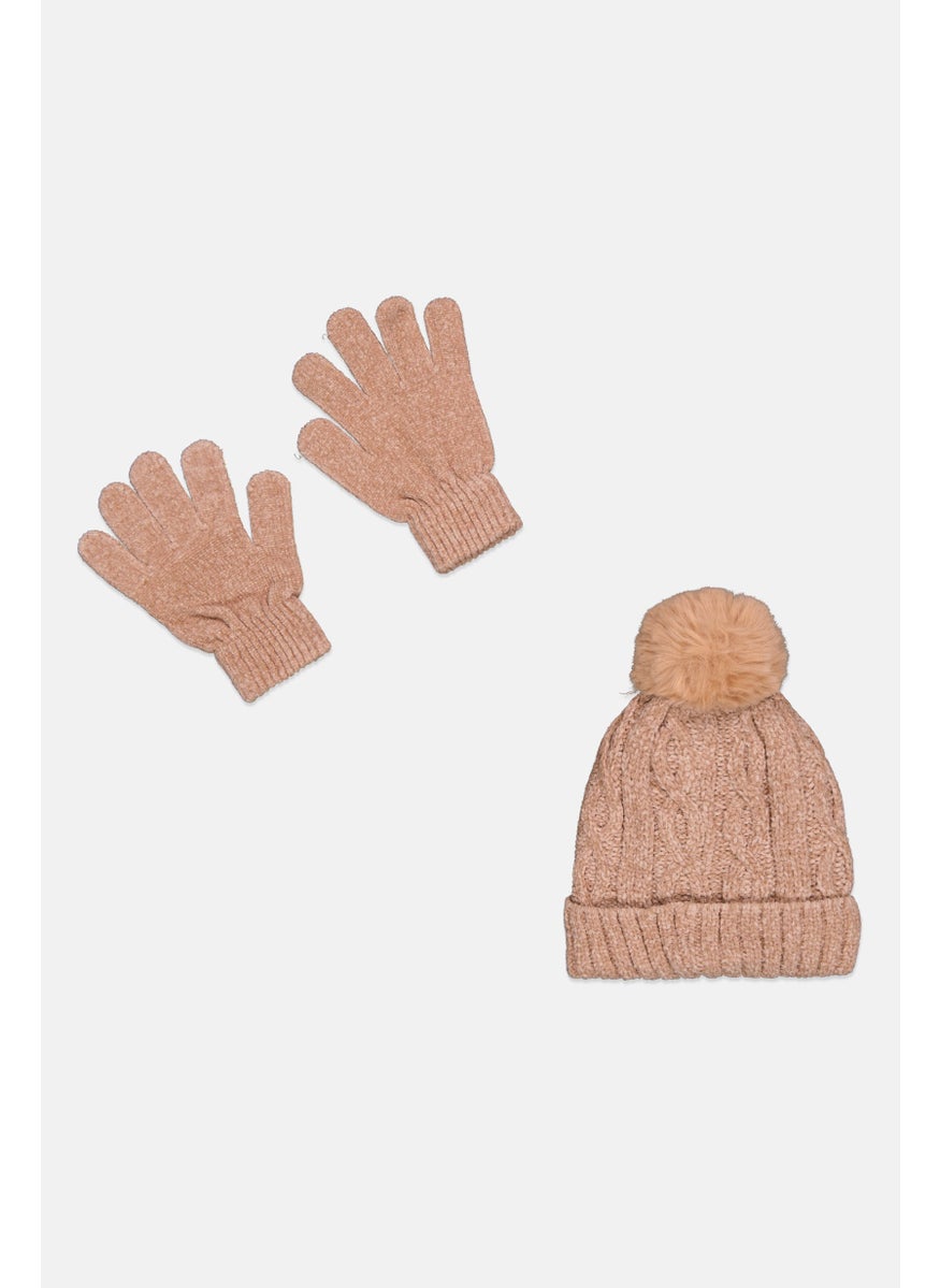 Laundry by Shelli Segal - Women 2Pcs Cable Knit Beanie And Gloves Set, Tan - Image 1