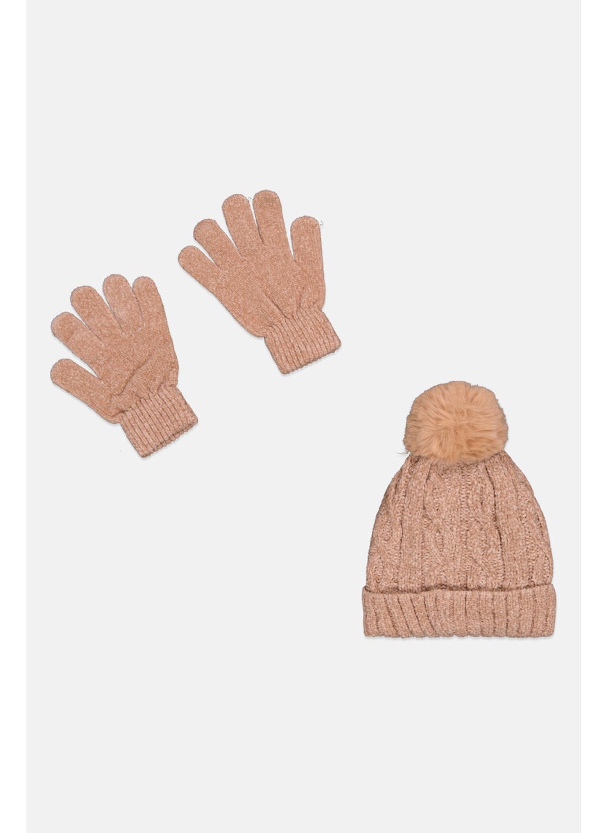 Laundry by Shelli Segal - Women 2Pcs Cable Knit Beanie And Gloves Set, Tan - Image 1