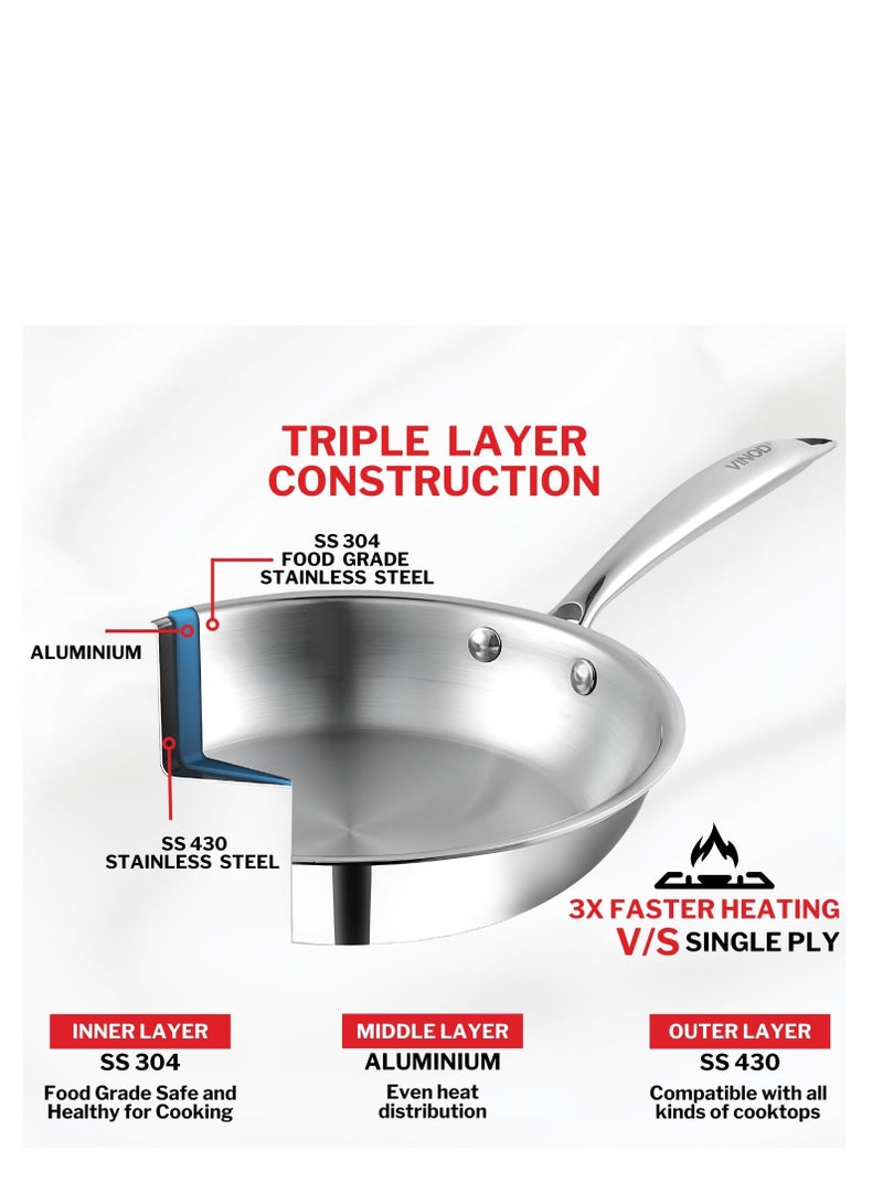 Vinod Platinum Triply Stainless Steel Fry Pan-20 cm, 2.5mm Thickness, Silver (Induction Friendly) - Image 4