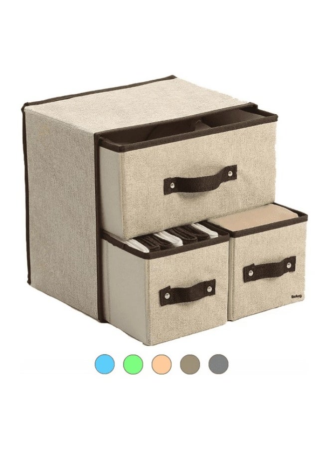 منظم تخزين قماش بثلاثة أدراج - وحدة تخزين قابلة للطي للخزانة والرفوف، منظم أدراج موفر للمساحة للملابس والجوارب واللوازم المكتبية والتنظيم المنزلي - بيج - Image 1