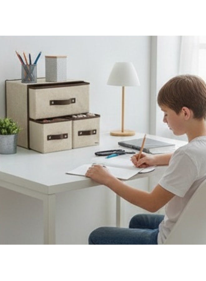 منظم تخزين قماش بثلاثة أدراج - وحدة تخزين قابلة للطي للخزانة والرفوف، منظم أدراج موفر للمساحة للملابس والجوارب واللوازم المكتبية والتنظيم المنزلي - بيج - Image 3