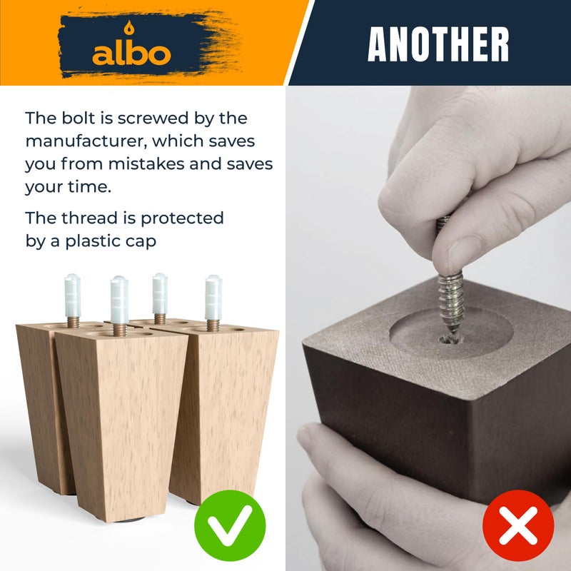 ALBO أرجل أثاث خشبية من ألبو، 3 بوصات، أرجل أريكة شديدة التحمل، عبوة من 4 أرجل مربعة مغطاة بطلاء شفاف، قطع غيار للأرائك، مناسبة لأرجل الخزائن الجانبية، والطاولات الجانبية، والأرائك القابلة للإمالة، والكراسي الدائرية. - Image 4