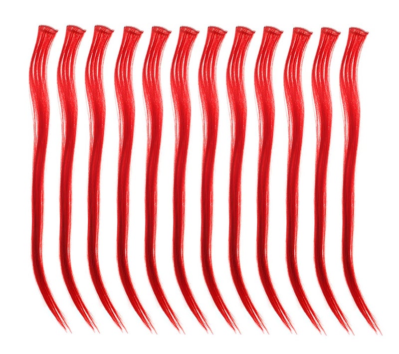 SWACC 12 Pcs Straight One Color Party Highlights Clip on in Hair Extensions Colored Hair Streak Synthetic Hairpieces Red