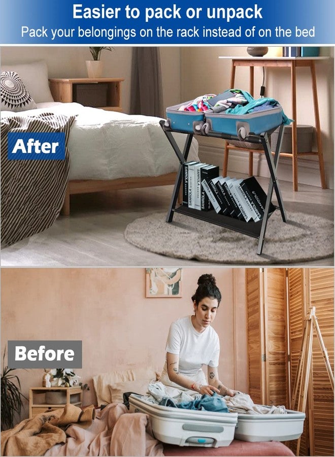 Queension Folding Luggage Rack Stand with Shelf for Guest Room, Foldable Metal Suitcase Storage Caddy Holder for Bedroom Hotel Essentials, Black, 1pack - Image 2