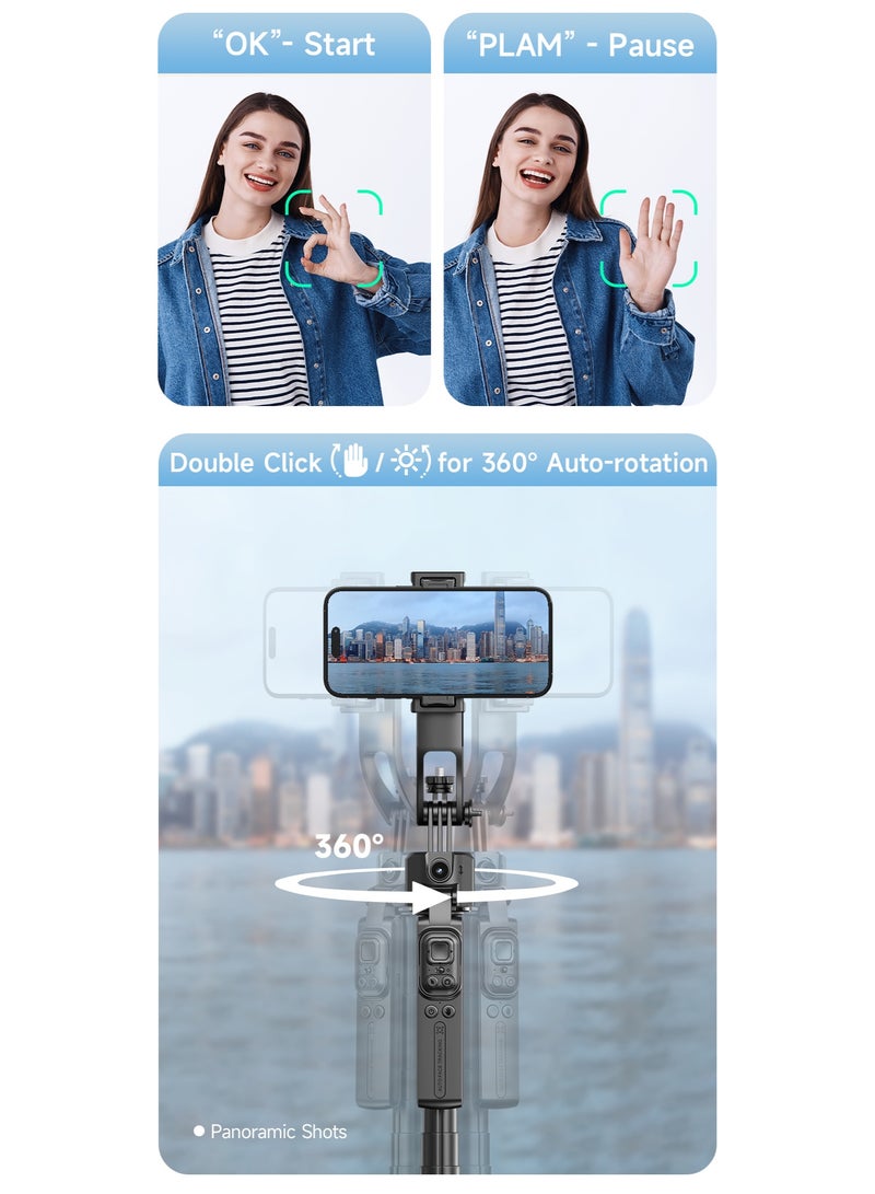 ZONIX 64-inch (1.63m) AI Tracking Gimbal Quadrapod, Auto-Follow with Gesture Control & Anti-Shake Handle, Detachable Gimbal and Stand Design, Heavy-Duty Aluminium with Selfie Stick, Multi-Function Bluetooth Remote for Phone/Camera (1/4" Mount) - Image 4