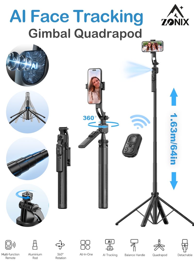 ZONIX 64-inch (1.63m) AI Tracking Gimbal Quadrapod, Auto-Follow with Gesture Control & Anti-Shake Handle, Detachable Gimbal and Stand Design, Heavy-Duty Aluminium with Selfie Stick, Multi-Function Bluetooth Remote for Phone/Camera (1/4" Mount) - Image 1