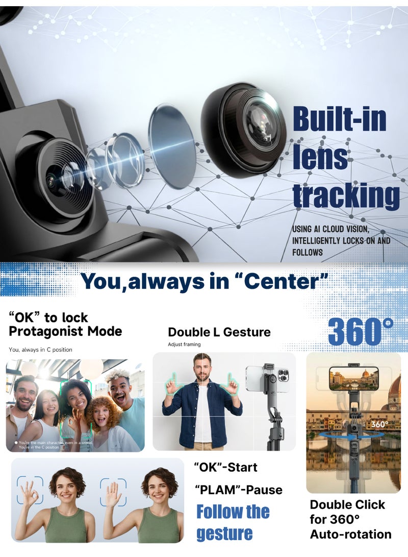 ZONIX AI Tracking Gimbal Quadrapod with Auto-Follow, Gesture Control & Anti-Shake Handle, Detachable Design Extends to 1635mm, Heavy-Duty Aluminium Stand with Selfie Stick & Multi-Function Bluetooth Remote for Phone/Camera (1/4" Mount) - Image 3