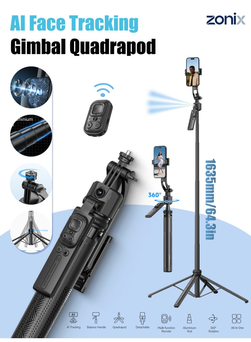ZONIX AI Tracking Gimbal Quadrapod with Auto-Follow, Gesture Control & Anti-Shake Handle, Detachable Design Extends to 1635mm, Heavy-Duty Aluminium Stand with Selfie Stick & Multi-Function Bluetooth Remote for Phone/Camera (1/4" Mount) - Image 1