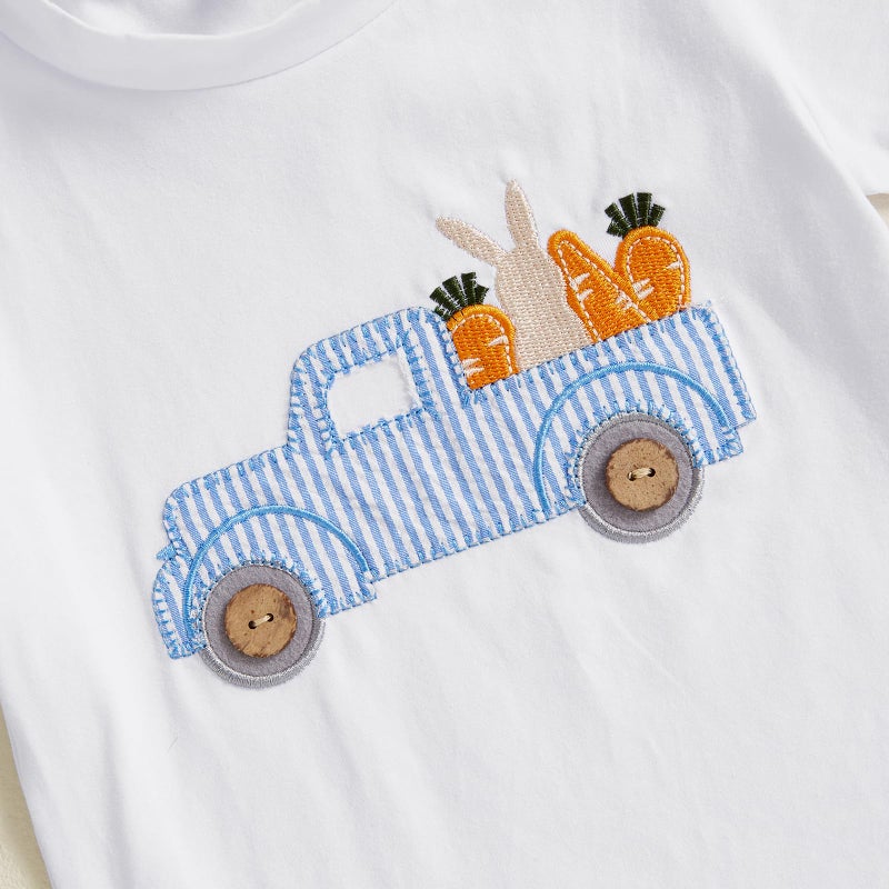 BemeyourBBs Toddler Baby Boy Easter Outfit Graph Short Sleeve T Shirt Elastic Waist Pockets Shorts Set 2 Piece Clothes Truck bunny carrot blue, 3-4T - Image 5