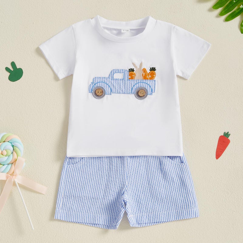 BemeyourBBs Toddler Baby Boy Easter Outfit Graph Short Sleeve T Shirt Elastic Waist Pockets Shorts Set 2 Piece Clothes Truck bunny carrot blue, 3-4T - Image 3