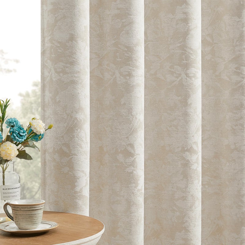 Beauoop Beige Floral Jacquard Blackout Curtains 63 Inches Long 2 Panels for Bedroom Living Room Taupe Flower Chenille Room Darkening Thermal Insulated Soundproof Grommet Window Treatments Drapes 52x63 - Image 1