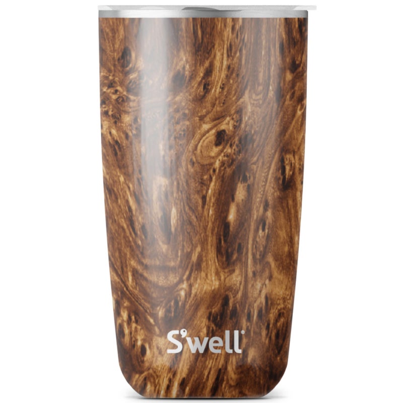 S'well Swell Stainless Steel Tumbler with SlideOpen Lid 18oz Teakwood Triple Layered Vacuum Insulated Containers Keeps Drinks Cold for 12 Hours and Hot for 4 BPA Free 