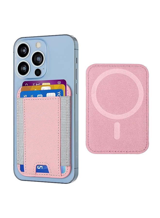 Excefore Vegan Leather Wallet For Magsafe Stretchy Magnetic Phone Wallet For Magsafe Rfid Blocking Leather Card Wallet Holder Hold Up To 6 Cards For Back Of Iphone 15 12 Pink - Image 1