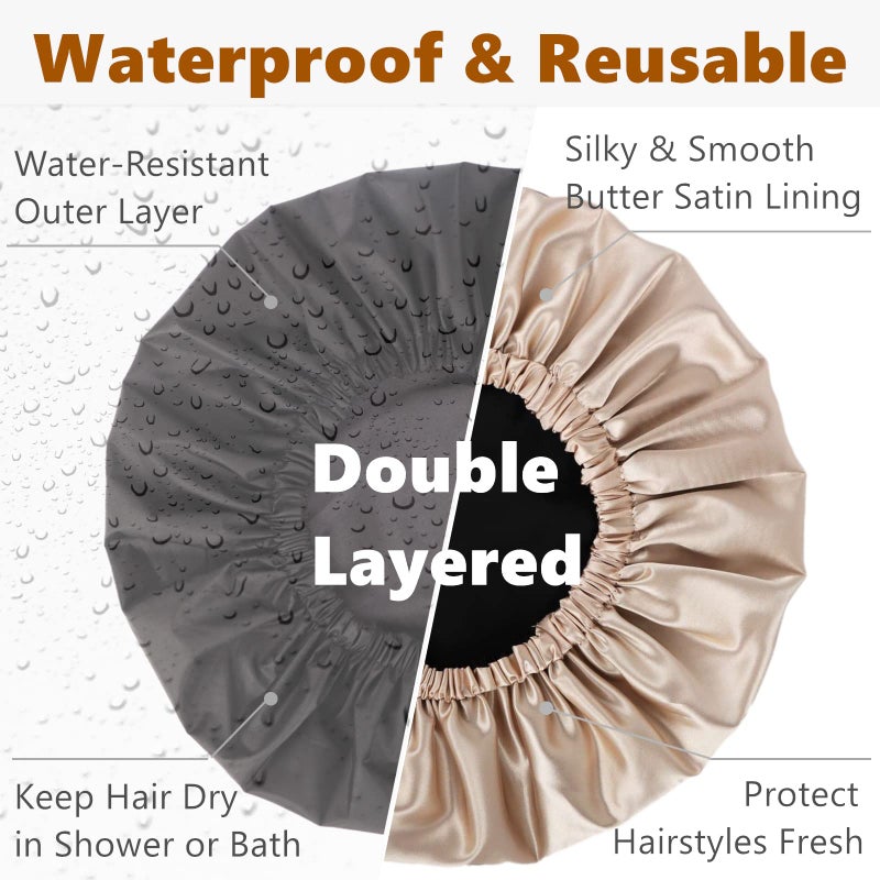 Himoswis Shower Cap For Women Shower Cap For Braids Hair Cap For Shower For Long Hair Satin Lined Shower Cap Reusable Waterproof (Black/Champagne) - Image 2