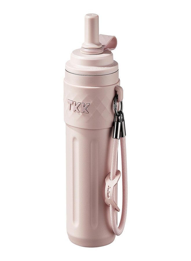 تي ك ك كوب سفر TKK سعة 17 أونصة، مبطن بالسيراميك مع غطاء مزود بماصة، كوب قهوة مزدوج الجدار معزول بتفريغ الهواء من الفولاذ المقاوم للصدأ، زجاجة ماء مثلجة مانعة للتسرب مع حزام حمل للمشروبات الساخنة والباردة، لون وردي - Image 1