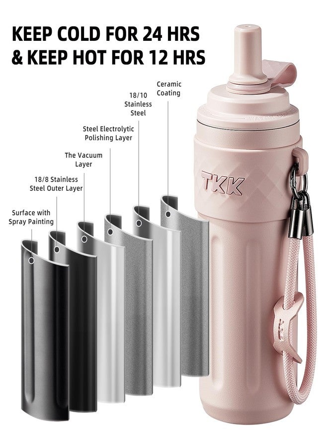 تي ك ك كوب سفر TKK سعة 17 أونصة، مبطن بالسيراميك مع غطاء مزود بماصة، كوب قهوة مزدوج الجدار معزول بتفريغ الهواء من الفولاذ المقاوم للصدأ، زجاجة ماء مثلجة مانعة للتسرب مع حزام حمل للمشروبات الساخنة والباردة، لون وردي - Image 5