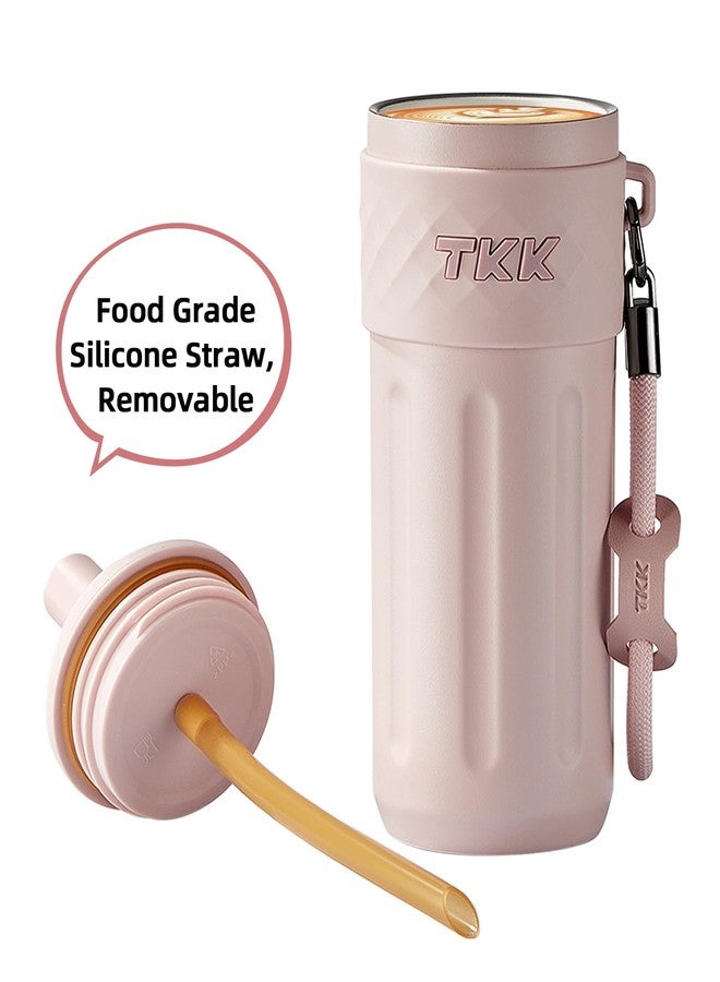 تي ك ك كوب سفر TKK سعة 17 أونصة، مبطن بالسيراميك مع غطاء مزود بماصة، كوب قهوة مزدوج الجدار معزول بتفريغ الهواء من الفولاذ المقاوم للصدأ، زجاجة ماء مثلجة مانعة للتسرب مع حزام حمل للمشروبات الساخنة والباردة، لون وردي - Image 2