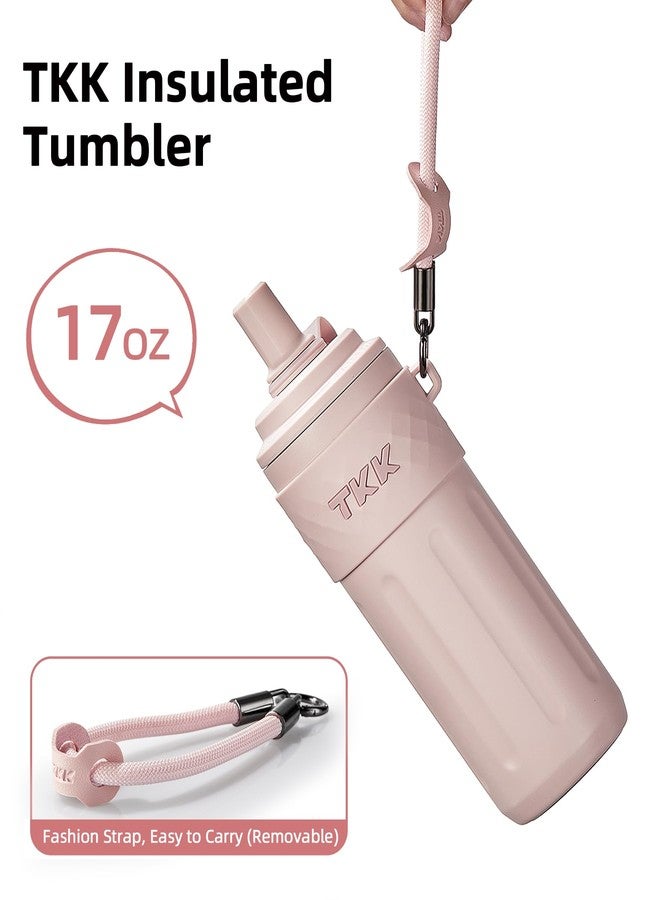تي ك ك كوب سفر TKK سعة 17 أونصة، مبطن بالسيراميك مع غطاء مزود بماصة، كوب قهوة مزدوج الجدار معزول بتفريغ الهواء من الفولاذ المقاوم للصدأ، زجاجة ماء مثلجة مانعة للتسرب مع حزام حمل للمشروبات الساخنة والباردة، لون وردي - Image 3