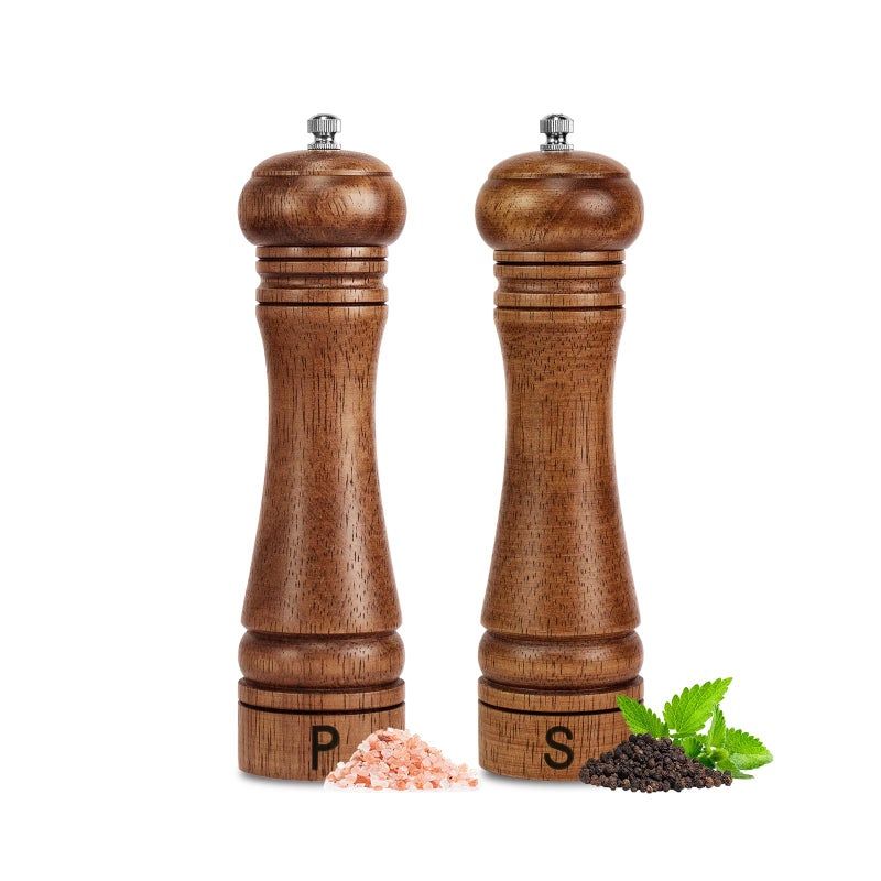 Haomacro Wooden Salt and Pepper Grinder Set Refillable Salt Pepper Mills Adjust for Coarseness Crafted of Solid Oak Wood with Ceramic Stainless Steel Core 8 Inches 2 Packs - Image 2