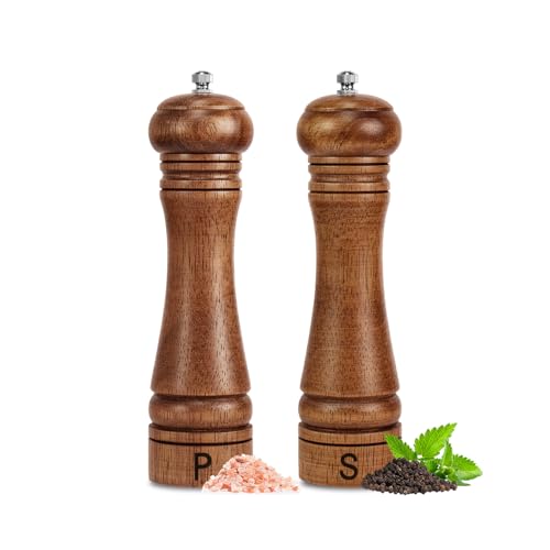 Haomacro Wooden Salt and Pepper Grinder Set Refillable Salt Pepper Mills Adjust for Coarseness Crafted of Solid Oak Wood with Ceramic Stainless Steel Core 8 Inches 2 Packs - Image 1