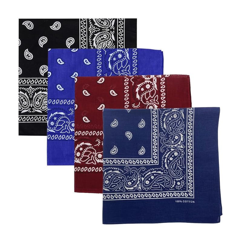 DIKHAWA Unisex Soft Breathable Cotton Paisley Printed Cowboy Bandanas,Headband,Scarf (BLACK,ROYAL BLUE,NAVY,BURGUNDY_50CM X 50CM_Pack of 4) - Image 1