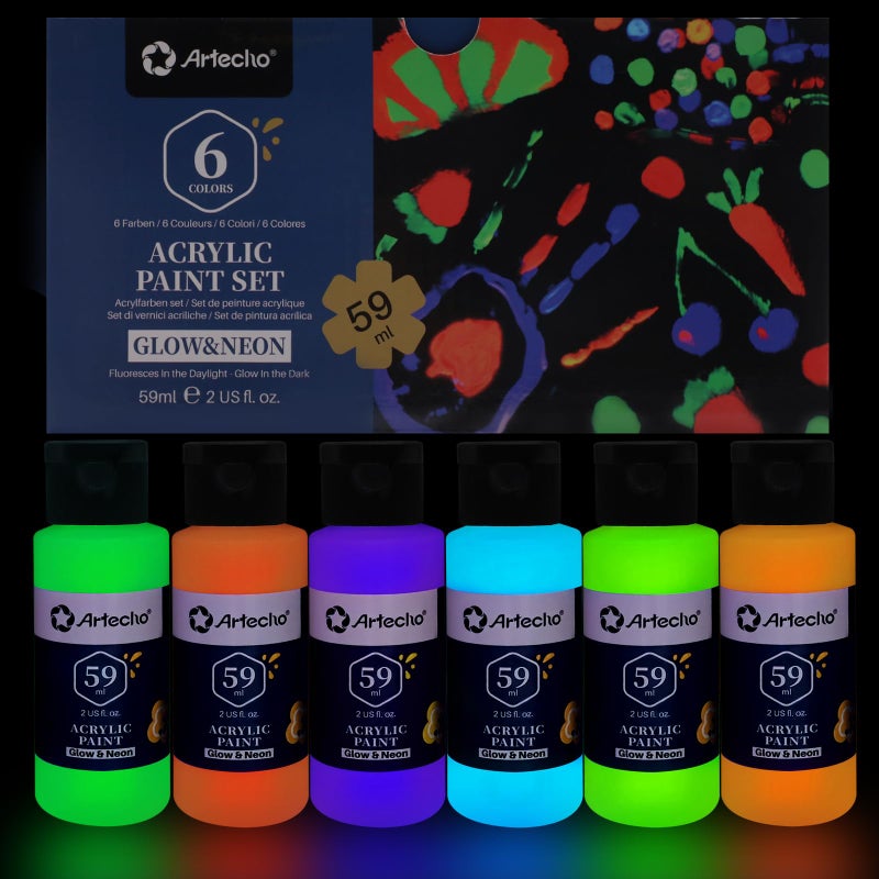 Artecho Glow in the Dark Paint 6 Colors 60 ml 2 oz Acrylic Paint for Decoration Art Painting Outdoor and Indoor Art Craft Supplies for Canvas Rock Wood Waterproof Rich Pigments
