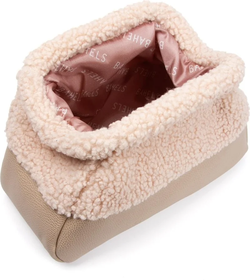 Bahels Women's Special Design Beige Plush Teddy Clutch Portfolio Bag