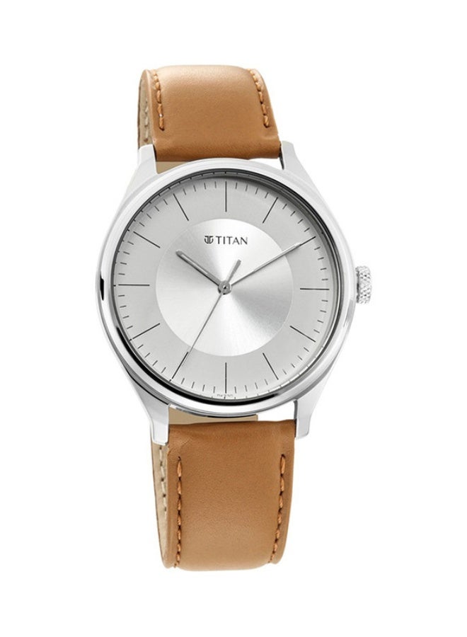 TITAN ساعة تيتان كلاسيك أنالوج فضية بقرص دائري وحزام جلد بني للرجال-1802SL07 - Image 2