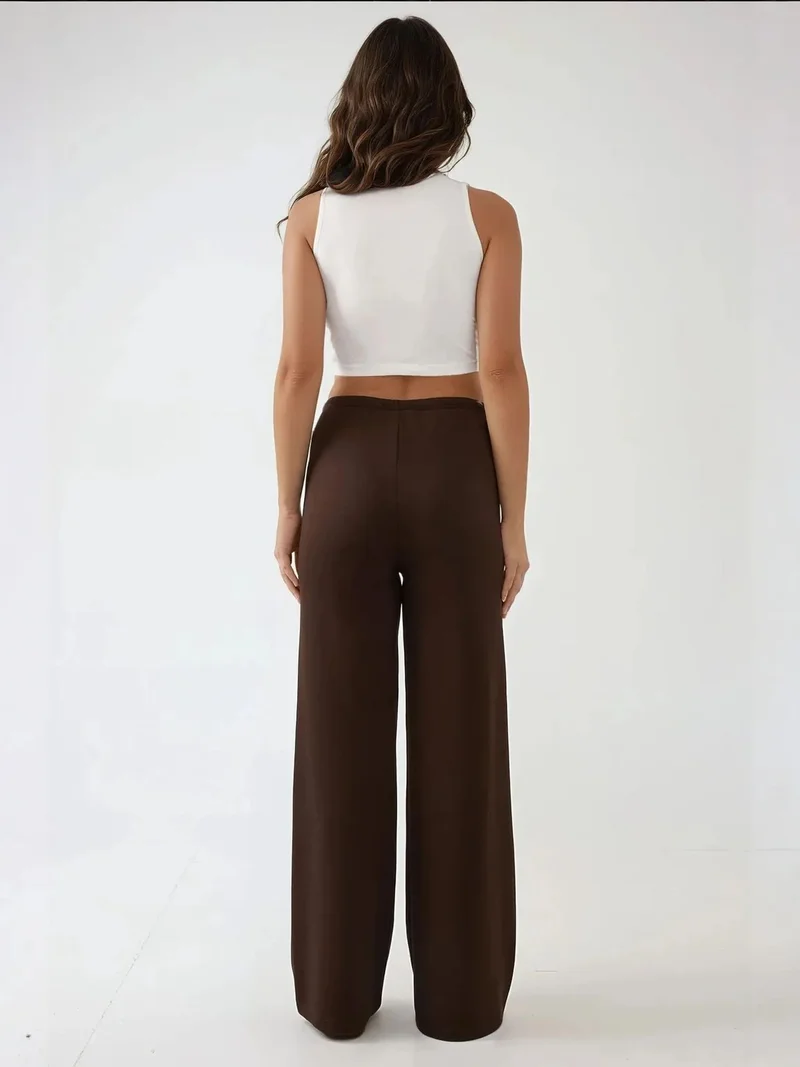 HICCUP Mocha Brown Wide Leg Textured Long Pants for Women | Best Price UAE
