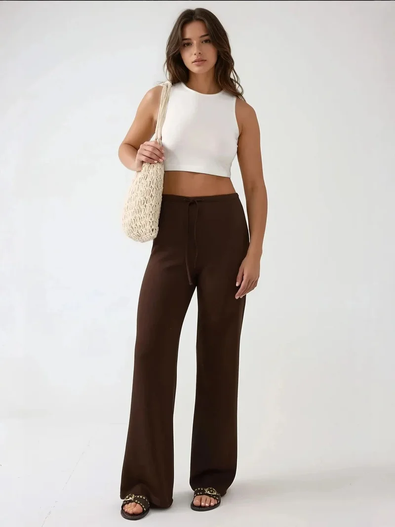 HICCUP Mocha Brown Wide Leg Textured Long Pants for Women | Best Price UAE
