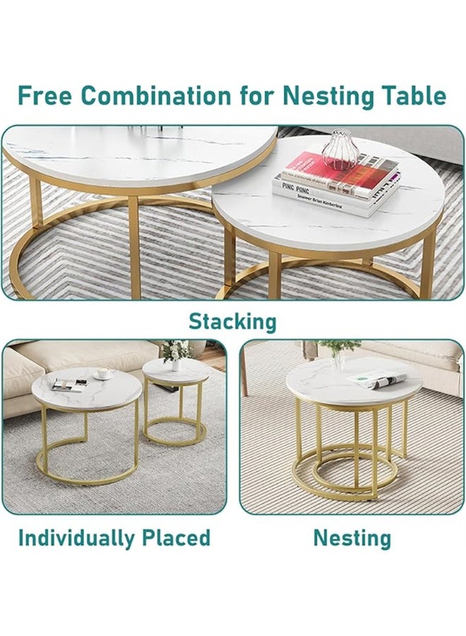 مجموعات طاولة القهوة لتناول الطعام ، 2 طاولات نهاية مع إطار معدني وساقين ، طاولة شاي أريكة مستديرة من الرخام الزائف تعشيش طاولة مركز المكتب الجانبي الحديث لغرفة المعيشة للمكتب المنزلي (أبيض ، CJ022) - Image 5