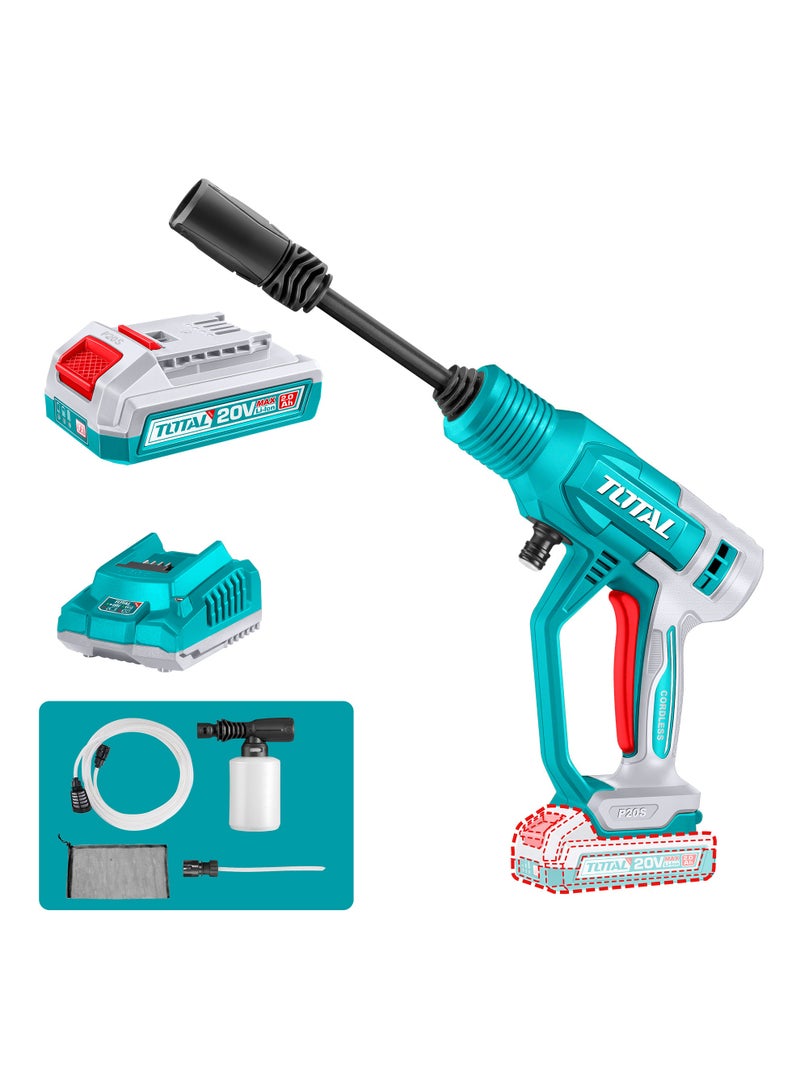 توتال غسالة ضغط محمولة لاسلكية من توتال 20 فولت (24.8 بار) - غسالة ضغط ذاتية الشفط مزودة بخرطوم طوله 6 أمتار، ومسدس رش ثنائي الوضع، وجهاز إنتاج رغوة سعة 300 مل، وبطارية 2.0 أمبير/ساعة وشاحن - TPWLI20362 - Image 1