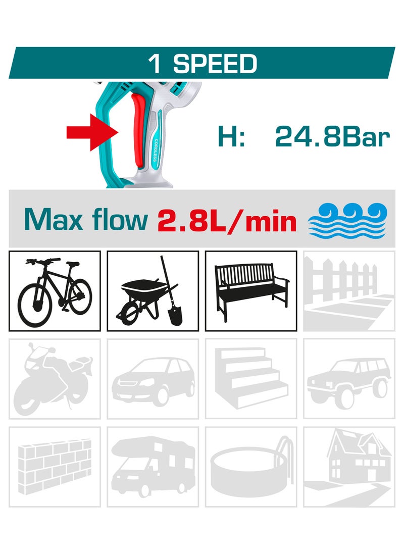 توتال غسالة ضغط محمولة لاسلكية من توتال 20 فولت (24.8 بار) - غسالة ضغط ذاتية الشفط مزودة بخرطوم طوله 6 أمتار، ومسدس رش ثنائي الوضع، وجهاز إنتاج رغوة سعة 300 مل، وبطارية 2.0 أمبير/ساعة وشاحن - TPWLI20362 - Image 2