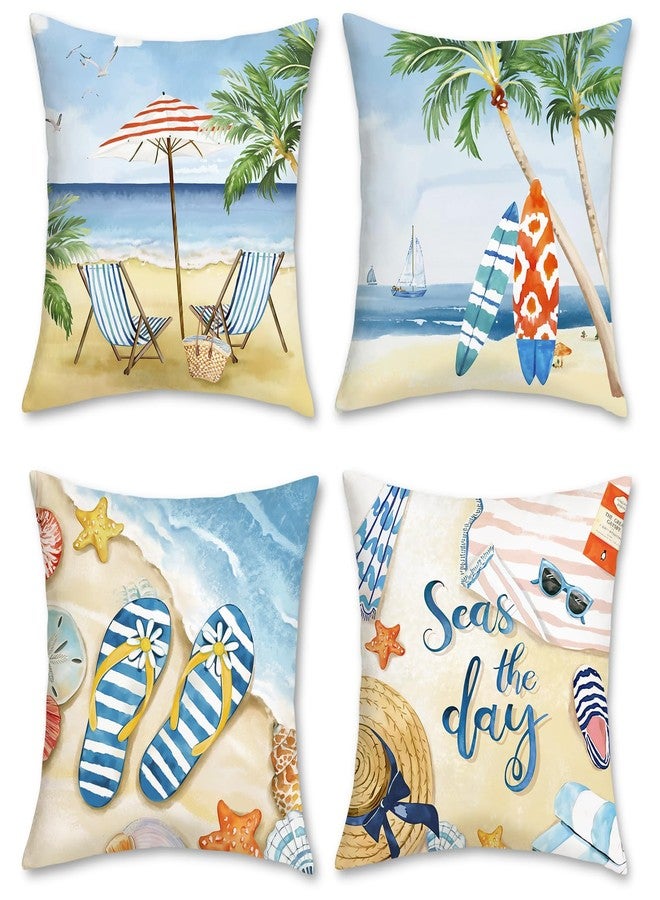 Bonhause Summer Beach Throw Pillow Covers 18x18 Starfish Surfboard Palm Tree Seaside Scenery Decorative Pillows Soft Velvet Cushion Cases for Couch Sofa Bed Home Decor Set of 4 - Image 1