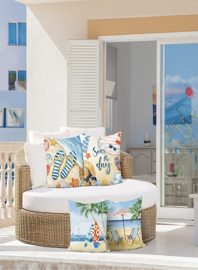 Bonhause Summer Beach Throw Pillow Covers 18x18 Starfish Surfboard Palm Tree Seaside Scenery Decorative Pillows Soft Velvet Cushion Cases for Couch Sofa Bed Home Decor Set of 4 - Image 3