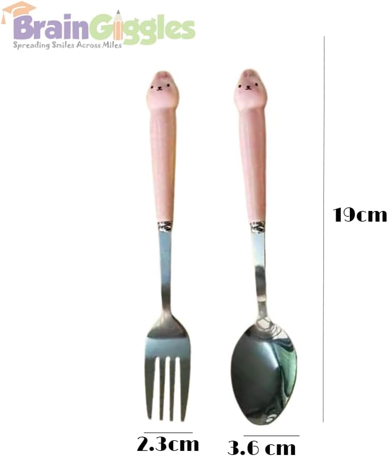 BrainGiggles 4-Piece Stainless Steel BPA Free Kids Cutlery Set with Case – Includes Spoon, Fork and Case for Lunch Box, Picnic and Travel | Children Tableware with Portable Case (Pink) - Image 2