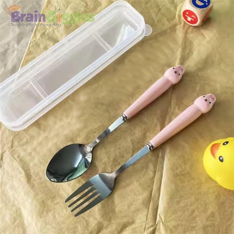 BrainGiggles 4-Piece Stainless Steel BPA Free Kids Cutlery Set with Case – Includes Spoon, Fork and Case for Lunch Box, Picnic and Travel | Children Tableware with Portable Case (Pink) - Image 3