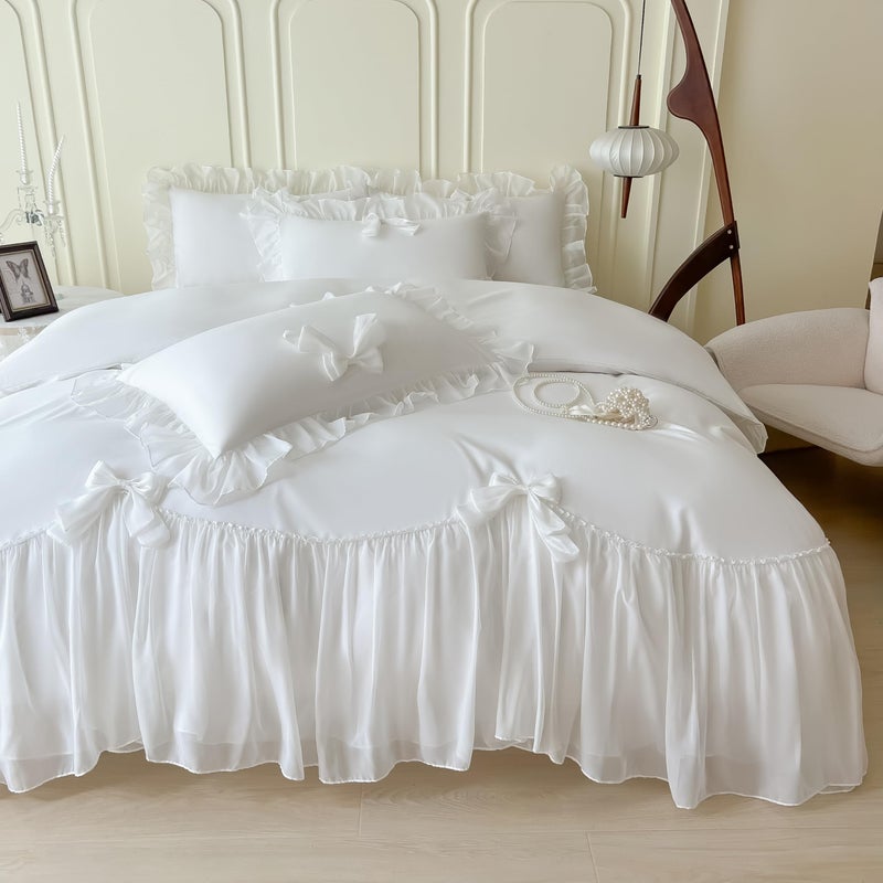 SOUKECHY Girls Lace Bedding,Full Comforter Cover Set, Chic Ruffled Duvet Cover with Lovely Bow,Princess Style 1 Duvet Cover with 2 Pillowcases, No Comforter-White,Full Size - Image 1