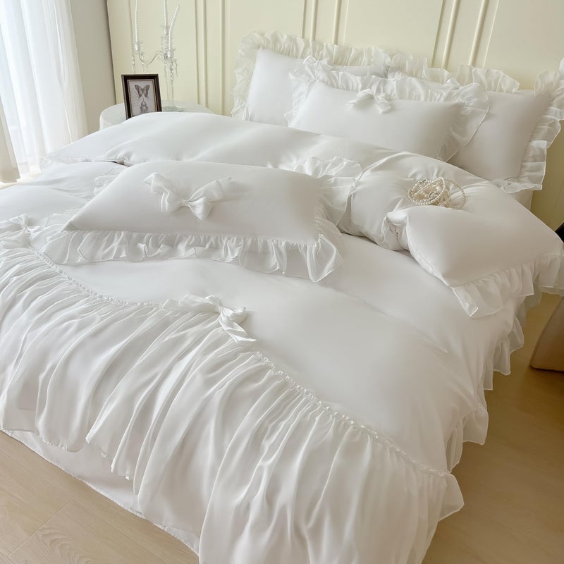 SOUKECHY Girls Lace Bedding,Full Comforter Cover Set, Chic Ruffled Duvet Cover with Lovely Bow,Princess Style 1 Duvet Cover with 2 Pillowcases, No Comforter-White,Full Size - Image 5