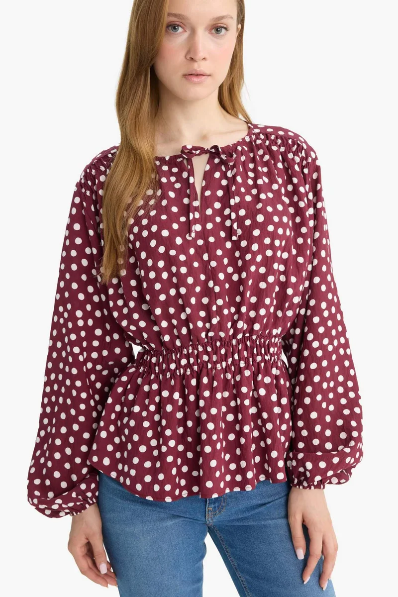 ديفاكتو Regular Fit Crew Neck Long Sleeve Blouse